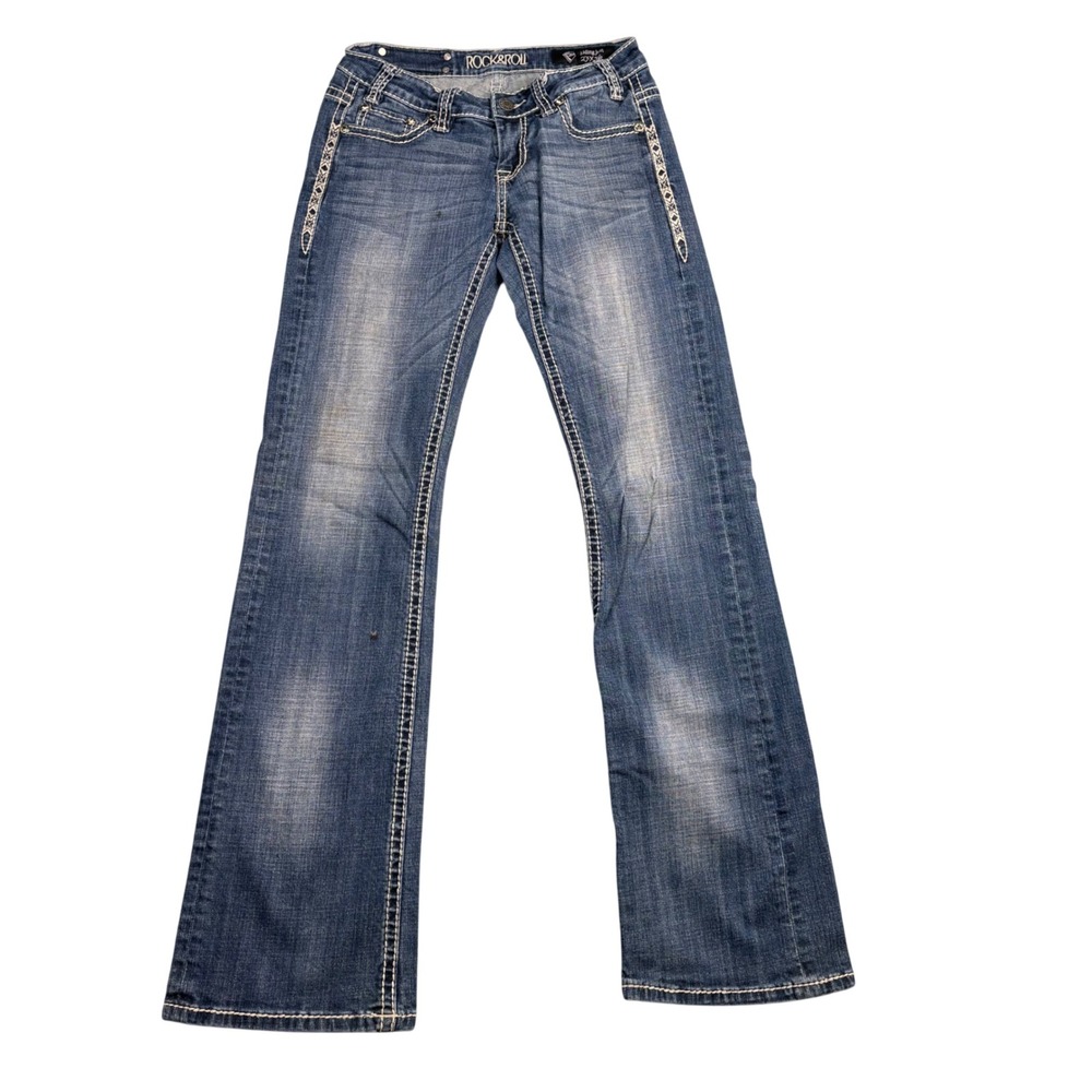 Rock and Roll Cowgirl Riding Jeans 27x36 Medium Wash Bootcut W7-6420 Low Rise
